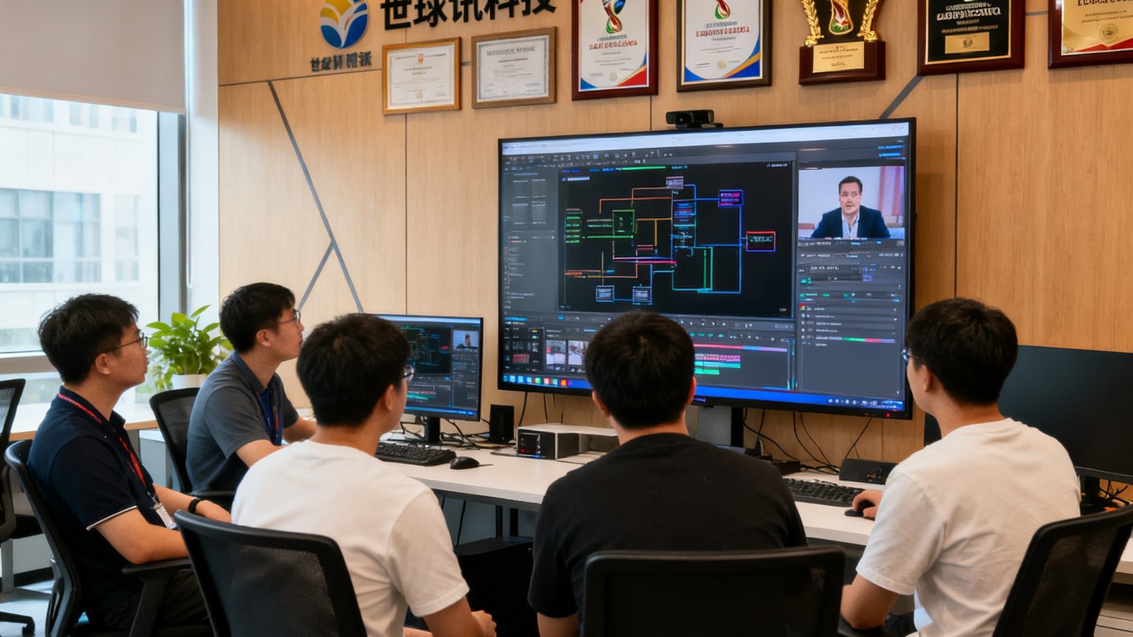 世纪球讯科技公司开放式办公室内，技术团队围坐在大屏幕前讨论直播系统架构优化方案，墙上挂着多届世界杯官方合作证书和奖牌