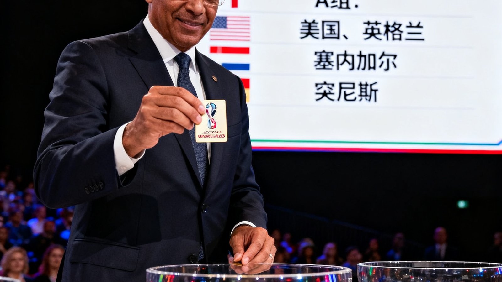 2026世界杯小组赛抽签仪式在纽约举行，国际足联官员从玻璃碗中抽出球队名牌，大屏幕实时显示分组结果